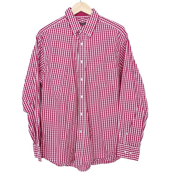 J. McLaughlin Red White Plaid Long Sleeve Button Down Sz L - Picture 2 of 5
